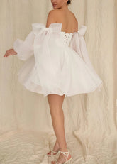 Edwina | Glamorous Puff Detachable Sleeves Straight White Tulle Mini/Short Wedding Dress with Bows - Price #price_variant_lowest# - White - PromDressClub